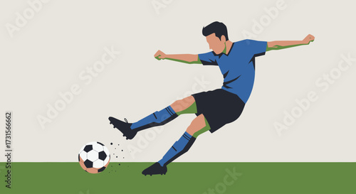 illustration of a soccer player kicking a ball, minimal design with clean background.