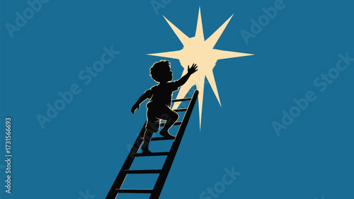 Inspiring silhouette of a young boy climbing a ladder to reach for a shining star against a vibrant blue sky, a symbol of dreams and ambition