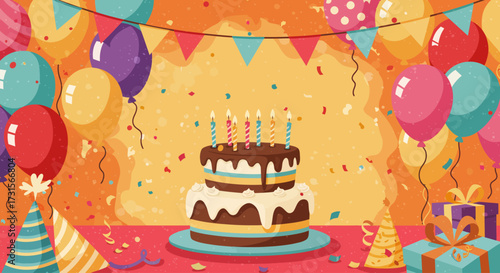 illustration of a birthday celebration with balloons, cake, and confetti in a festive design.