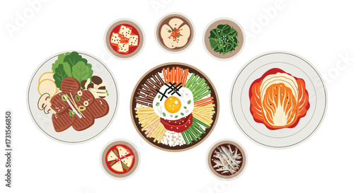 Delicious Korean Bibimbap and Side Dishes A Colorful and Nutritious Collection of Korean Cuisine, Featuring Marinated Beef, Kimchi, Spinach, and a Fried Egg