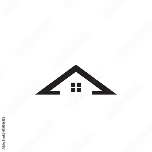 A contemporary, geometric vector icon portrays the simple silhouette of a house roof featuring two windows, representing shelter, security, and real estate.