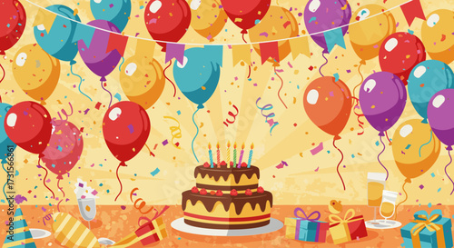 illustration of a birthday celebration with balloons, cake, and confetti in a festive design.