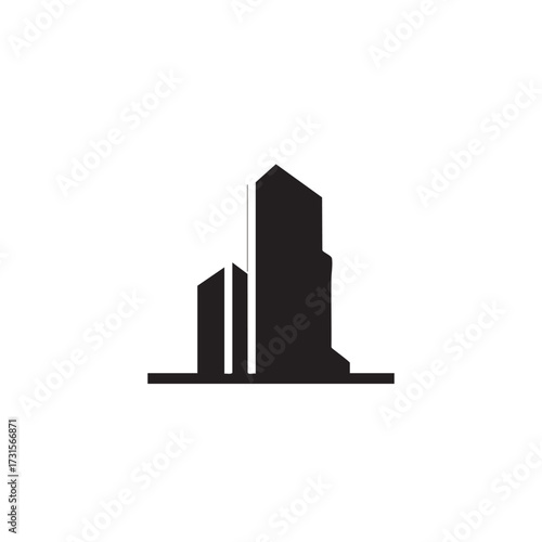 A minimalist black silhouette of towering modern city skyscrapers stands prominently against a clean white background, symbolizing urban development and corporate growth.