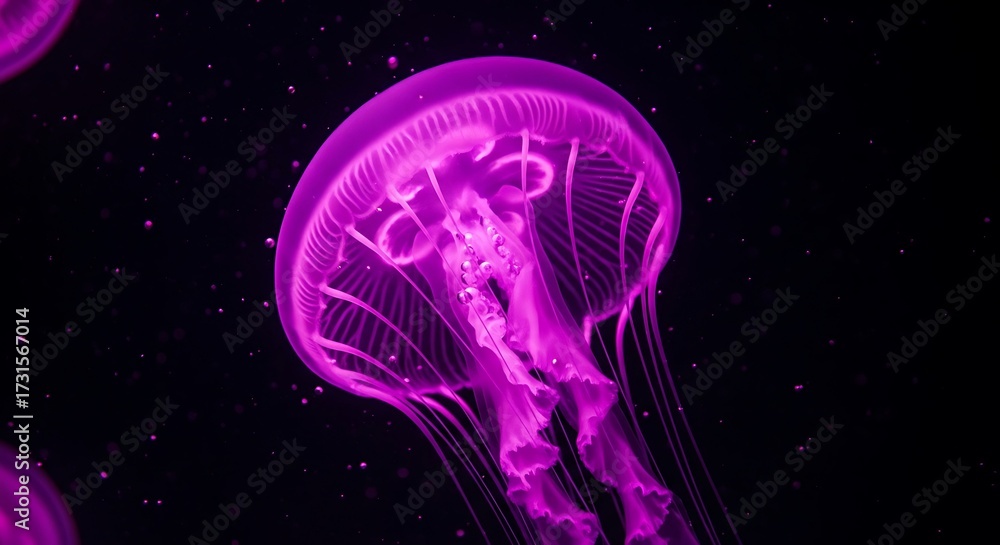 Fototapeta premium Enchanting luminescence: A vibrant, pink jellyfish gracefully dances in the dark abyss evoking a sense of otherworldly