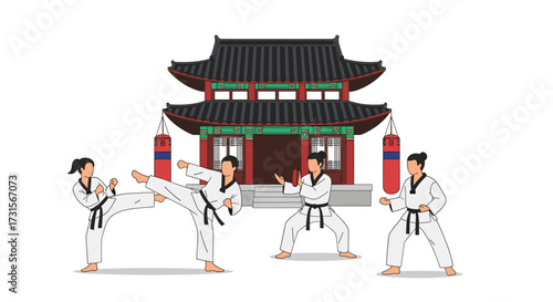 Taekwondo Practice at Traditional Korean Building Martial Arts Training, Fitness, and Cultural Heritage Illustration for Sports and Lifestyle Content, Training and Heritage