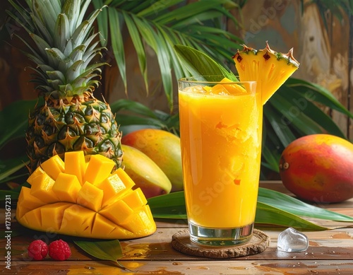 Vibrant tropical fruit arrangement featuring a tall glass of freshly blended orange juice, garnished with a pineapple slice, alongside a ripe pineapple and mangoes, creating a refreshing still life...
