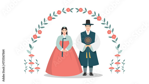 Traditional Korean Wedding Couple in Hanbok with Floral Arch, Elegant Celebration, Cultural Heritage, Historical Garments, Festive Occasion, Asian Culture, Wedding Rituals