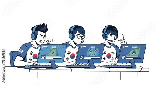 Korean eSports Team Competing in a Tournament, Strategy and Skill with Focus, wearing Team Jersey, Online Gaming, Competitive Gaming, Computer Screen, Headset, South Korea, Seoul