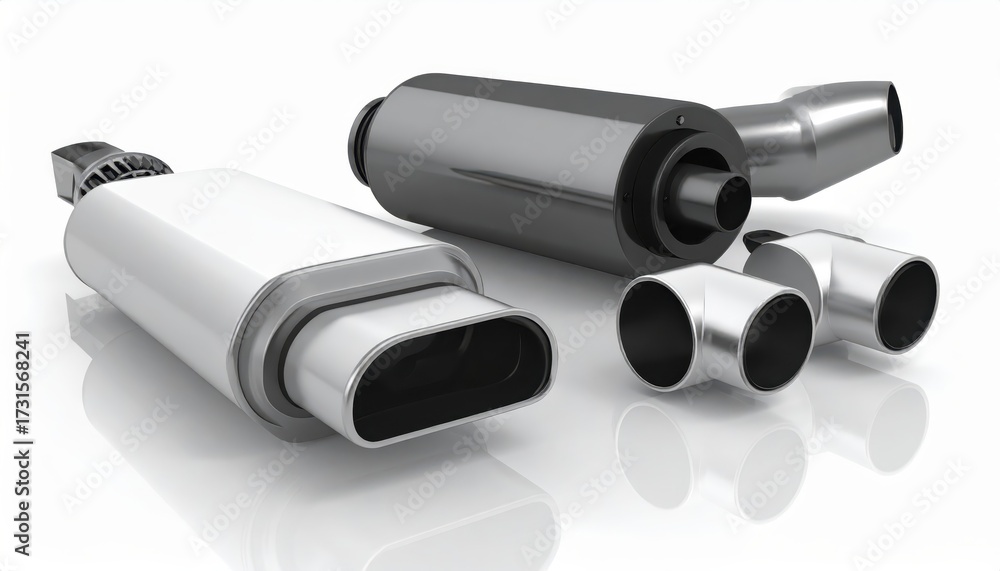 Fototapeta premium Metallic exhaust components featuring a polished finish, showcasing a cylindrical shape with oval exits alongside angled and straight pipes, reflecting on a bright, white surface, suitable for...