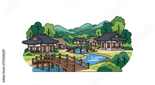Korean Traditional Landscape with Buildings, Bridges, and Mountains in Minimalist  Illustration Style, Ideal for Travel, Culture, and NatureRelated Designs