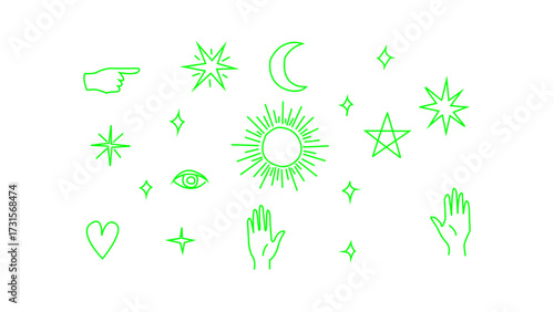 Whimsical hand drawn celestial and mystical icons in soft green hues