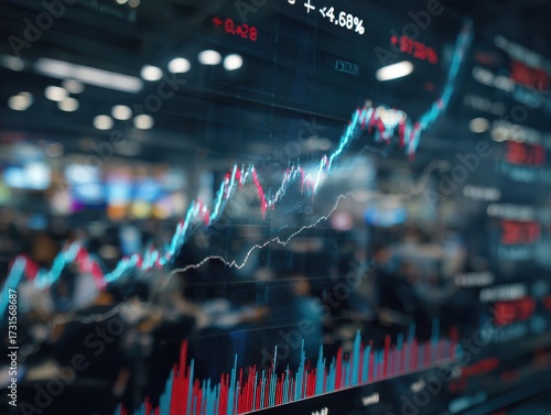 Stock Market's Rise: A dynamic visualization of stock market data, with ascending graphs, signifying growth and the fast pace of the financial sector.