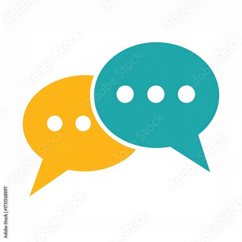 Two overlapping speech bubbles, one teal and one yellow, both containing three white dots, symbolizing communication and dialogue.