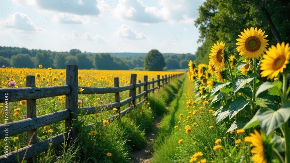 Fototapeta premium Rustic wooden fence lines a sunlit path meandering through a vibrant field of sunflowers and wildflowers, a picturesque summer scene.