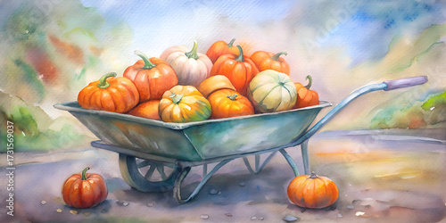 Watercolor Painting of Pumpkins in a Wheelbarrow