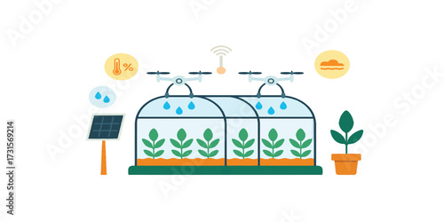 Print    Flat vector illustration of a futuristic smart greenhouse with automated irrigation drones and climate sensors, isolated on a pure white background