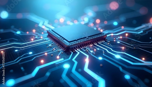 Microchip with Glowing Circuits and Digital Connections in a Futuristic Technology Concept