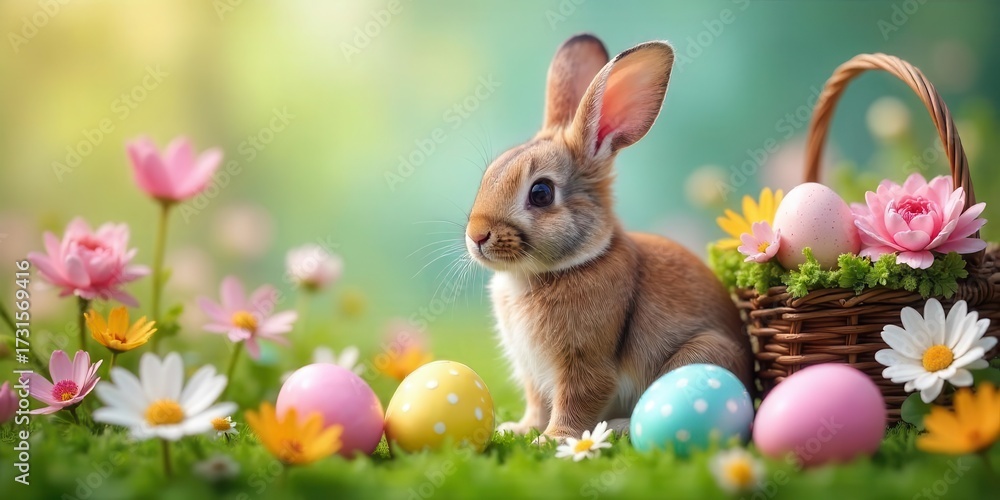 Fototapeta premium Adorable Baby Bunny Posing Amidst Vibrant Spring Flowers and Colorful Easter Eggs in a Rustic Basket