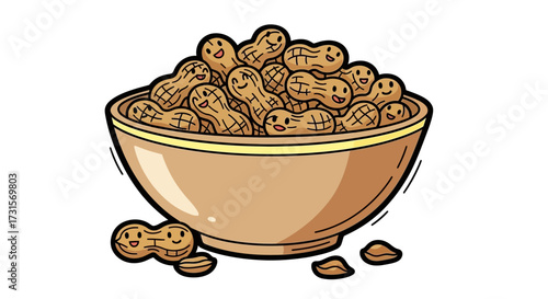 Bowl full of happy peanuts cartoon illustration, a whimsical snack time theme graphic
