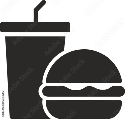 Simple black silhouette vector of a burger with a soda drink