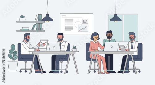 Office collaboration and teamwork presentation with diverse professionals using technology at
