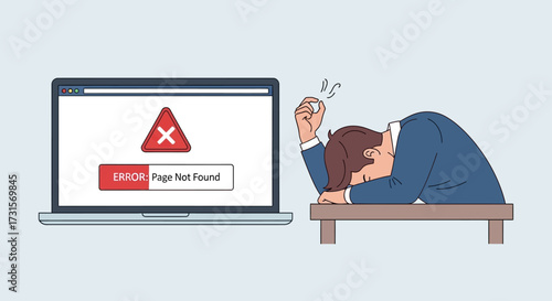 Frustrated Businessman Facing Website Error Message on Laptop in Modern Office Scenario