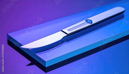 Surgical knife on a reflective surface, vibrant purple-blue lighting