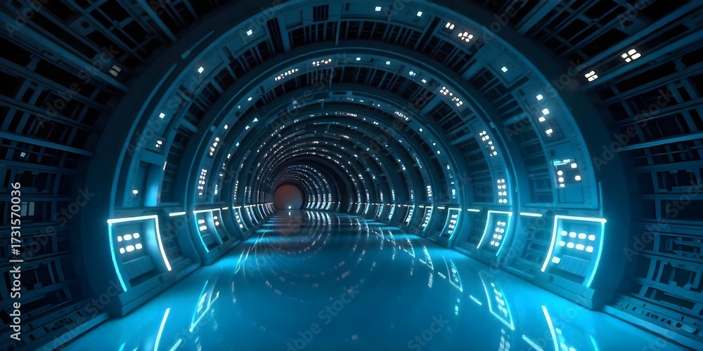 Obraz premium A futuristic tunnel with blue neon lights, the tunnel is dark, and the lights create a sense of depth; the floor is reflective 