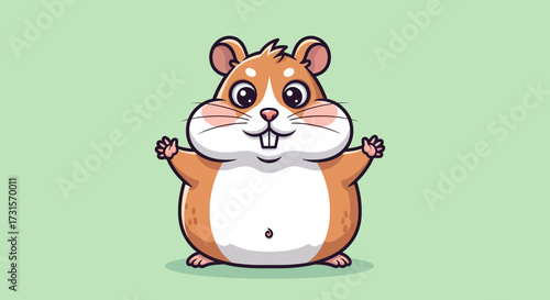 Adorable cartoon hamster with outstretched arms on a light green background creating a welcoming