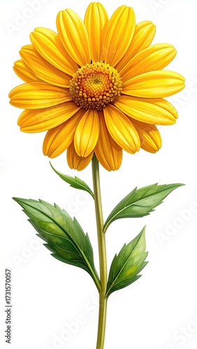 Bright yellow flower with green leaves on a stem