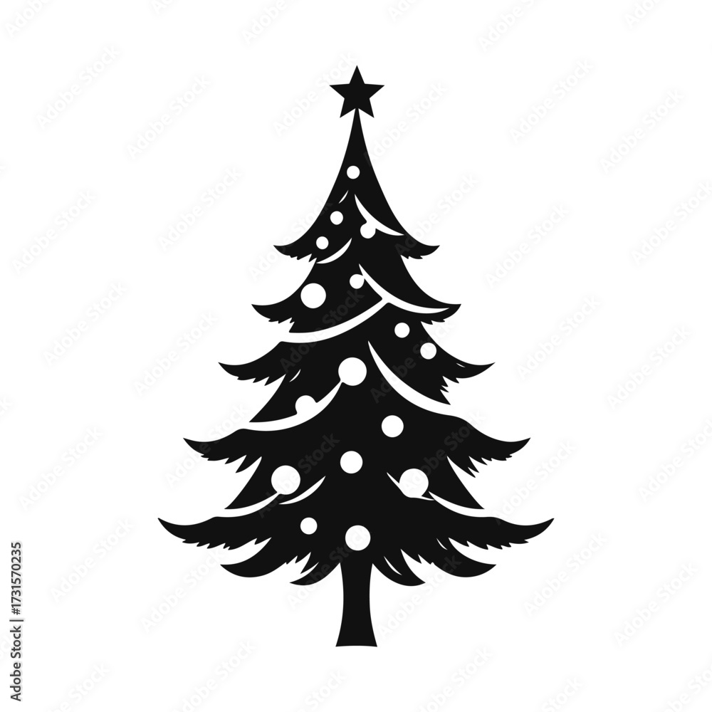 Obraz premium Christmas tree silhouette, holiday pine illustration, decorated fir vector, festive tree drawing, black evergreen art with star