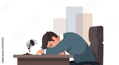 Conceptual illustration of a tired businessman asleep at his desk after spilling coffee