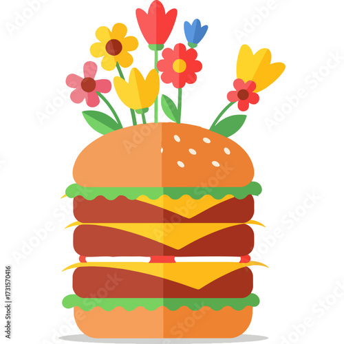 Minimalist flat design vector of a double cheeseburger with a colorful bouquet of flowers. Isolated on a white background, this modern graphic design is perfect for food blogs or creative projects.