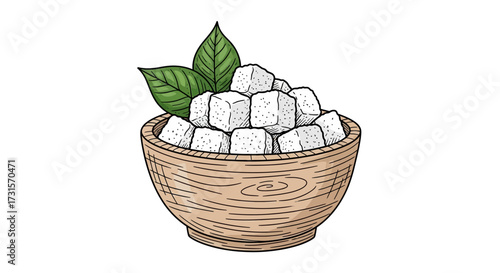 Illustration of a wooden bowl filled with feta cheese cubes garnished with green leaves