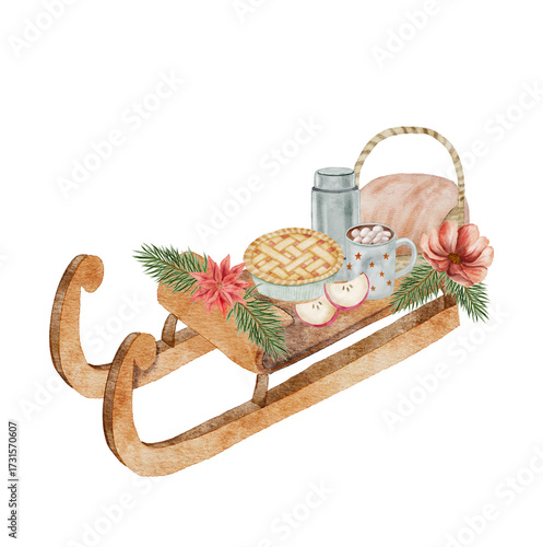 Ready-made digital watercolor scene of a sled carrying pie, baked goods, and tea items. Perfect for cozy holiday menus, winter invitations, and rustic food illustrations. 