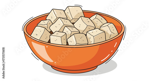 Hand-drawn illustration of tofu cubes in an orange bowl offering a simple food concept
