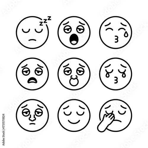 Flat Outline Vector Illustration of Sleepy and Sad Emoji Faces
