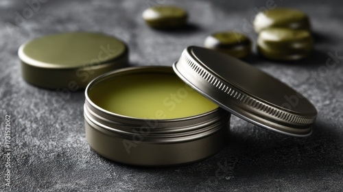 Olive green herbal balm tin trustworthy and grounded for medicinal branding