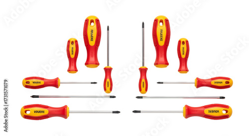 Assortment of electrician's screwdrivers with crosshead and flathead types, featuring ergonomic insulated grips. Professional hardware toolkit isolated on white