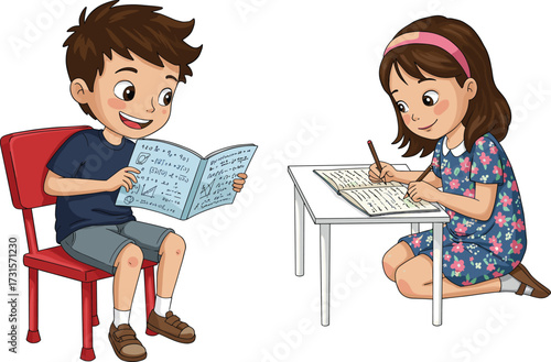 Happy kids studying together reading books and writing homework with learning activity education concept illustration for school classroom vector design