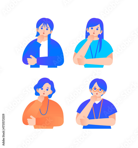 考えるポーズの女性イラストセット（上半身）