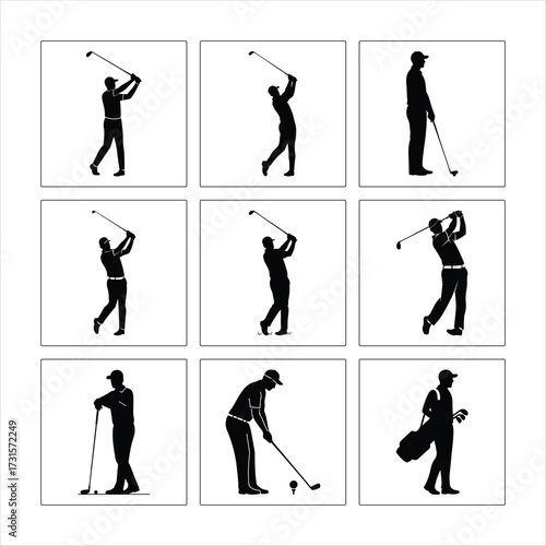 Collection Of Golf Player Silhouettes In Various Poses Vector Illustration Design