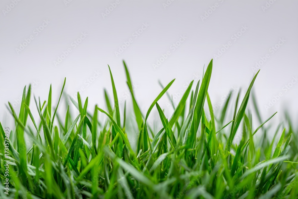 Fototapeta premium Lush, green blades of grass are displayed in a , highlighting the natural texture, vibrancy and color of the plants, with a shallow depth of field creating a soft blurred background against a clean...