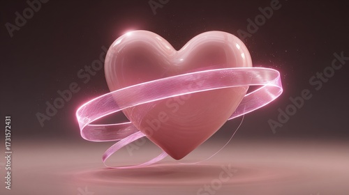 3D Pink Ribbon Heart Symbolizing Breast Cancer Awareness Month