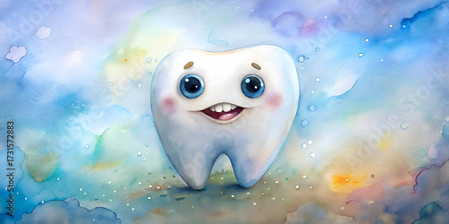 Smiling Cartoon Tooth Watercolor Painting. Fun Dental Art