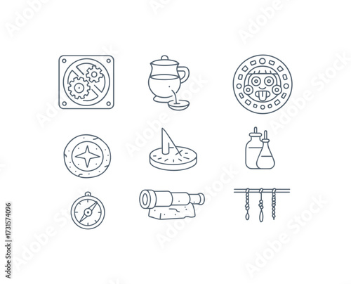 A captivating set of line icons illustrating history science and ancient wonders