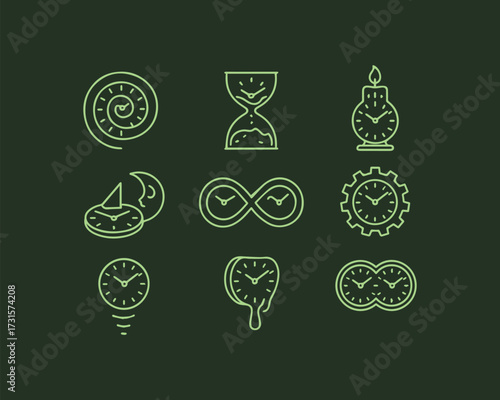 Diverse Timepiece Icons Exploring Concepts of Clocks Sands and Infinite Moments