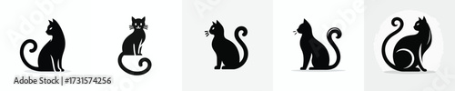 black cat silhouette vector with curved tail