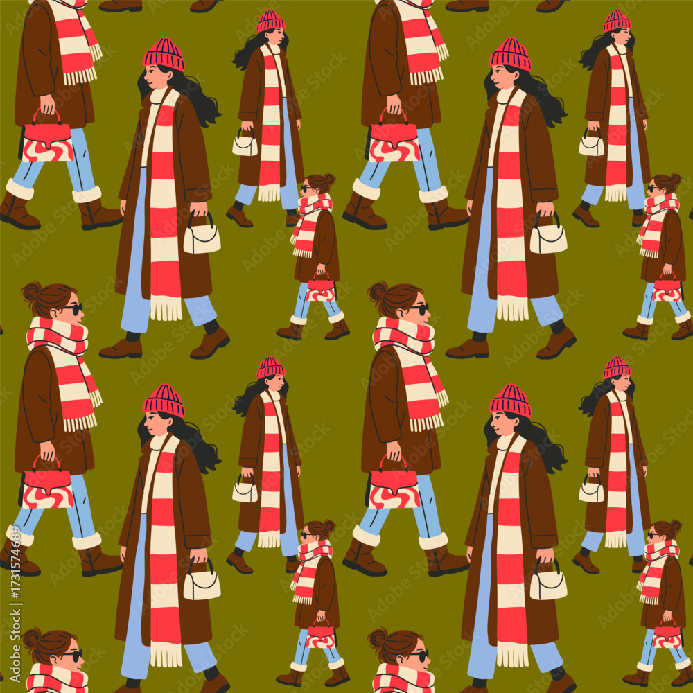 Fototapeta premium Seamless Pattern of Women in Winter Coats and Scarves