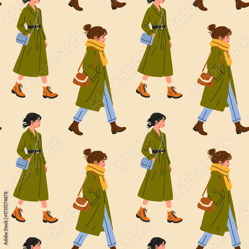 Seamless Pattern of Stylish Women in Fall Outfits